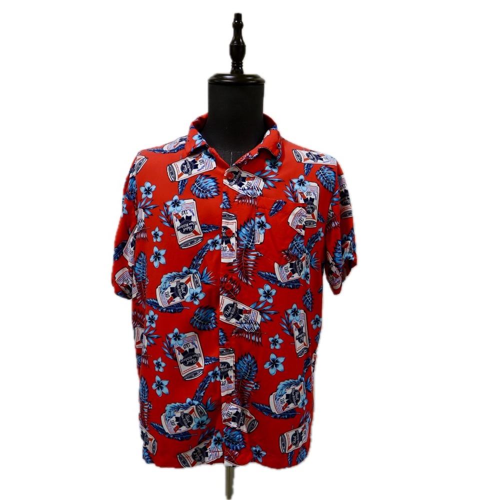 Pabst Blue Ribbon Men’s Hawaiian Shirt Medium Red Blue Floral PBR Beer Logo